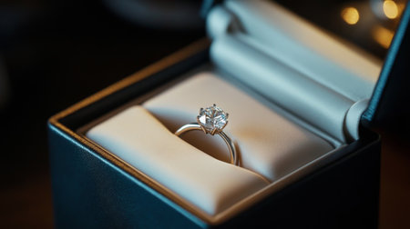 A close-up of an elegant jewelry box, slightly open to reveal a sparkling diamond ring inside, symbolizing love, commitment, and special momentsの素材