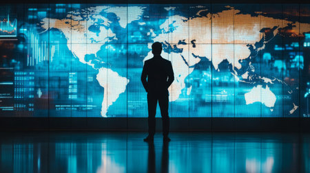 A businessman standing in front of a large screen displaying global financial graphs and world maps, symbolizing international trade and finance.の素材