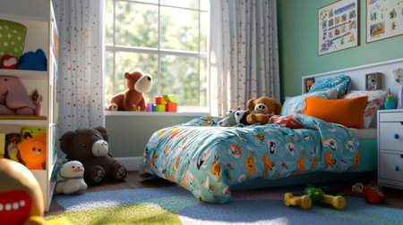 A child playful bedroom with a themed bed, colorful bedding, and stuffed animals, creating a fun and inviting space for rest and play.の素材