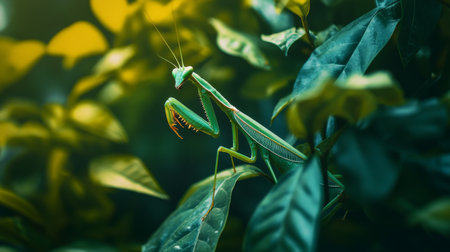 A close-up of a praying mantis camouflaged among leaves, with its distinctive shape and texture blending into the natural environment.の素材