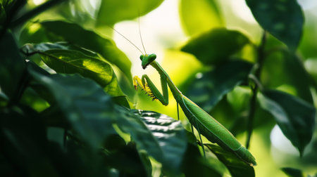 A close-up of a praying mantis camouflaged among leaves, with its distinctive shape and texture blending into the natural environment.の素材