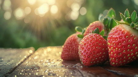A close-up of fresh, juicy strawberries with dewdrops on their surface, arranged on a wooden table, capturing their vibrant color and freshness.の素材