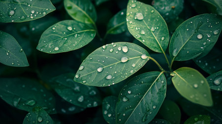A close-up of fresh green leaves with droplets of water, symbolizing purity, nature, and the rejuvenating qualities of nature.の素材