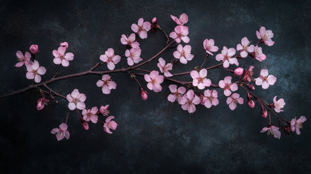 A close-up view from above of a blooming cherry blossom branch with soft pink flowers, set against a contrasting dark background for a dramatic effect.の素材