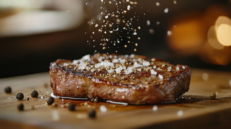 A detailed shot of a steak with a sprinkle of sea salt and cracked black pepper, emphasizing the simple yet elegant presentation.の素材