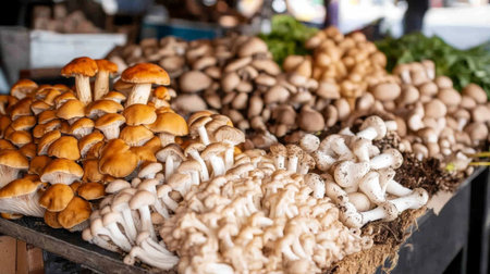 A farmer's market stall displaying an assortment of mushrooms, including oyster, cremini, and enoki, highlighting the variety and freshness.の素材