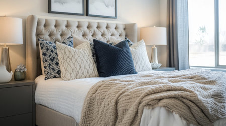 A cozy bedroom featuring a modern, upholstered bed frame with a stylish headboard, decorated with patterned throw pillows and a soft blanket.の素材