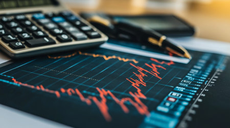 A detailed shot of a printed stock market graph with various financial indicators and annotations, placed on a desk with a calculator and pen.の素材