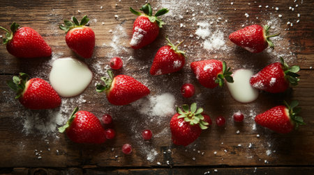 A creative flat lay of strawberries with a splash of milk and a sprinkle of sugar, set on a rustic wooden surface, highlighting a simple yet elegant treatの素材