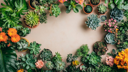 A flat lay of assorted potted plants and succulents with colorful flowers, arranged on a light-colored surface, symbolizing diversity and lush greenery.の素材