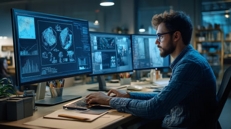 A designer working on a computer, surrounded by sketches and graphics on multiple monitors, highlighting the creative design processの素材