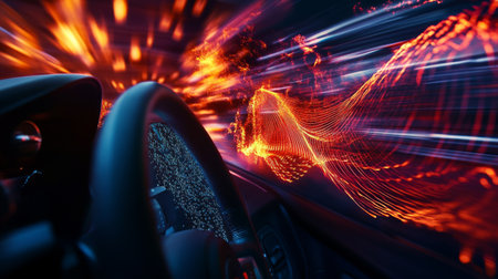 A dynamic shot of a car speakers in action, with sound waves visually represented to convey the power and clarity of the audio system.の素材