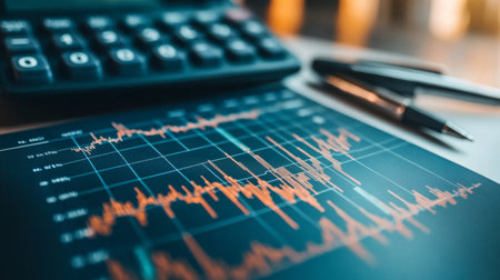 A detailed shot of a printed stock market graph with various financial indicators and annotations, placed on a desk with a calculator and pen.の素材