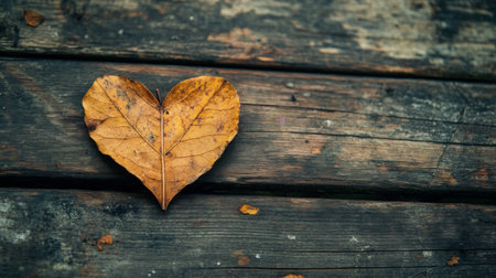 A heart-shaped leaf lying on a rustic wooden surface, representing the beauty of nature and love for the environment, with earthy tones.の素材