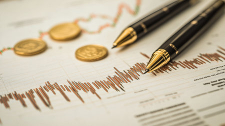 A gold price chart with a focus on historical data trends, including annotations and markers, set against a backdrop of financial documents.の素材