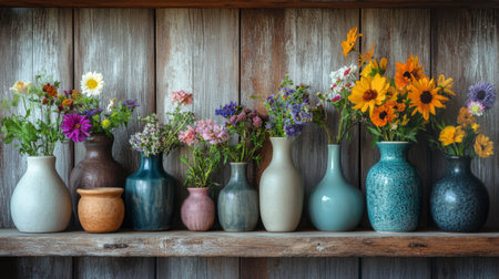 A collection of vases in various shapes and sizes, each with a different flower arrangement, placed on a rustic wooden shelf, symbolizing creativity and variety.の素材