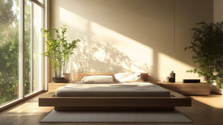 A contemporary bedroom with a platform bed and minimalist design, showcasing a simple yet elegant style with natural light streaming through large windowsの素材