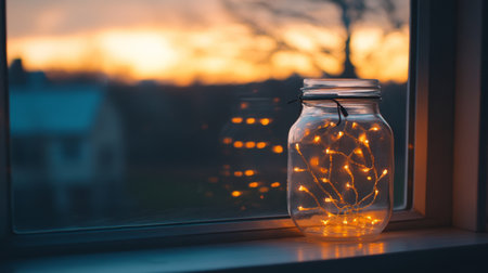 A decorative jar filled with fairy lights glowing softly, placed on a windowsill during dusk, symbolizing warmth, creativity, and home decor.の素材