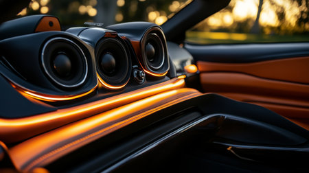 A detailed view of a custom-installed car speaker system with LED lighting, showing off its modern design and enhanced audio experience.の素材