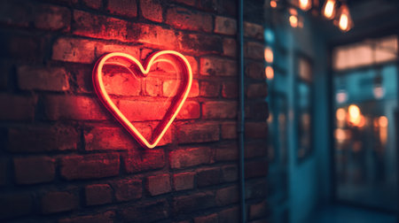 A glowing neon heart sign hanging on a brick wall, creating a modern and romantic atmosphere, with a dimly lit background.の素材