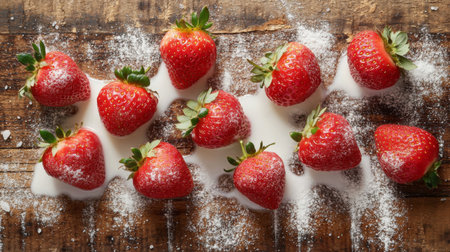 A creative flat lay of strawberries with a splash of milk and a sprinkle of sugar, set on a rustic wooden surface, highlighting a simple yet elegant treatの素材