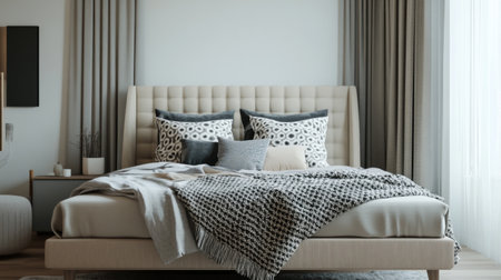 A cozy bedroom featuring a modern, upholstered bed frame with a stylish headboard, decorated with patterned throw pillows and a soft blanket.の素材