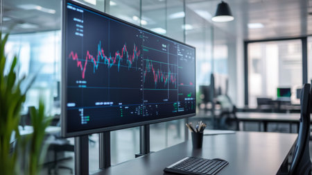 A modern office with a large wall-mounted screen displaying a dynamic gold price chart, capturing real-time changes and market activity.の素材