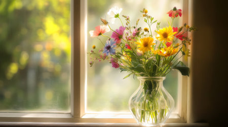 A modern glass vase filled with a mix of colorful wildflowers, set on a windowsill with soft sunlight filtering through, symbolizing natural beauty and warmth.の素材