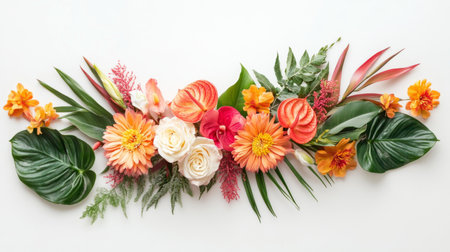 A flat lay of a decorative floral arrangement with exotic blooms and greenery, arranged on a light background, emphasizing color contrast and elegance.の素材