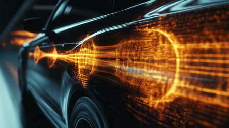 A dynamic shot of a car speakers in action, with sound waves visually represented to convey the power and clarity of the audio system.の素材