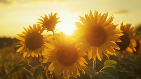 A group of sunflowers facing the rising sun in the early morning light, symbolizing renewal, growth, and the start of a new dayの素材