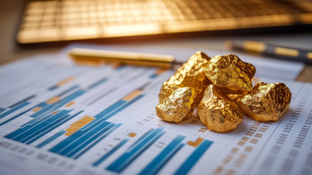 A gold price chart with a focus on historical data trends, including annotations and markers, set against a backdrop of financial documents.の素材