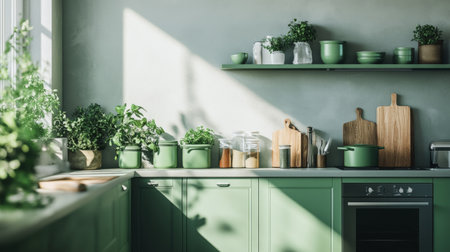 A modern kitchen with green cabinets and plants, complemented by green kitchenware and accessories, creating a fresh and vibrant cooking space.の素材