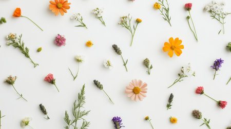 A flat lay of fresh, delicate wildflowers scattered across a white background, with a focus on their natural colors and textures, creating a minimalist look.の素材