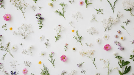 A flat lay of fresh, delicate wildflowers scattered across a white background, with a focus on their natural colors and textures, creating a minimalist look.の素材