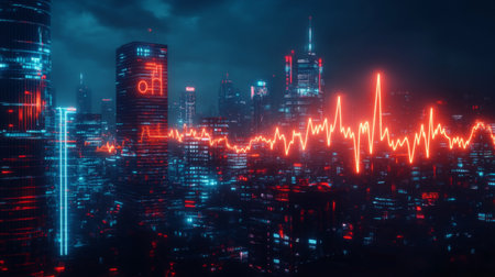 A night cityscape with neon lights forming the shape of EKG waves, symbolizing the pulse of urban life and the rhythm of the city.の素材