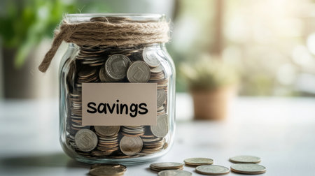 A jar filled with coins and a label reading "savings" on a white table, symbolizing personal finance, budgeting, and future planning.の素材