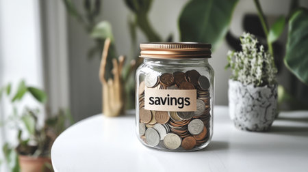 A jar filled with coins and a label reading "savings" on a white table, symbolizing personal finance, budgeting, and future planning.の素材