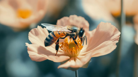 A macro view of a bee collecting nectar from a blooming flower, illustrating the important role of pollinators in nature.の素材