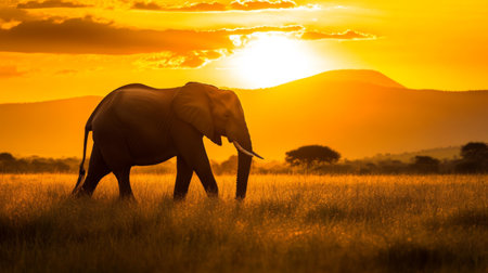 A majestic elephant walking through the savannah at sunset, with the golden light illuminating its large silhouette, capturing the grandeur of wildlife.の素材