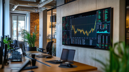 A modern office with a large wall-mounted screen displaying a dynamic gold price chart, capturing real-time changes and market activity.の素材