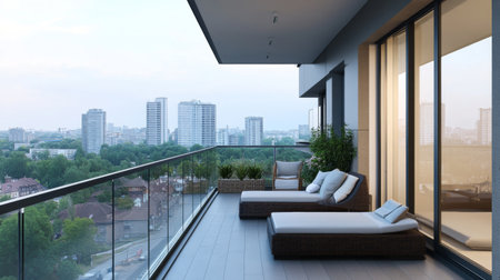 A modern balcony with glass railings, minimalist furniture, and a few decorative cushions, overlooking a cityscape or urban environment.の素材