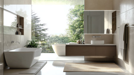 A modern bathroom with a large, frameless mirror reflecting a stylish vanity and sink, emphasizing clean lines and contemporary design.の素材