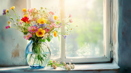 A modern glass vase filled with a mix of colorful wildflowers, set on a windowsill with soft sunlight filtering through, symbolizing natural beauty and warmth.の素材