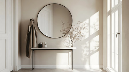 A minimalist entryway with a simple console table, a few decorative elements, and a sleek coat rack, welcoming visitors with understated elegance.の素材