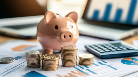 A neatly arranged desk with a piggy bank, stacks of coins, and a calculator, set against a backdrop of financial documents and a laptop.の素材