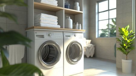 A modern laundry room featuring a stackable washer and dryer set, with clean towels neatly folded on a shelf, symbolizing efficiency and organizationの素材