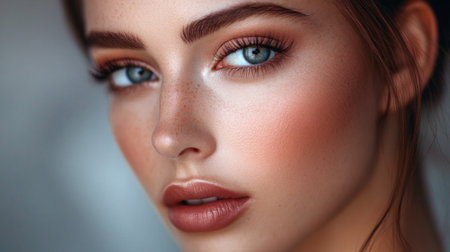 A close-up of a woman face with flawless makeup and a confident expression, showcasing elegance and beauty in a sophisticated settingの素材