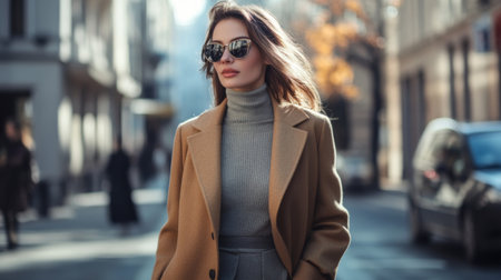 A stylish woman in a fashionable outfit, walking confidently down a city street, embodying modern fashion and grace.の素材