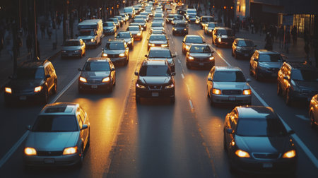 A busy urban street with heavy traffic congestion, showcasing rows of cars stopped or moving slowly in multiple lanesの素材